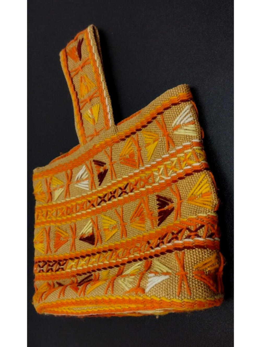 1970s Burlap Handbag Hippie Purse Orange Textile Mustard Woven Handmade Bag